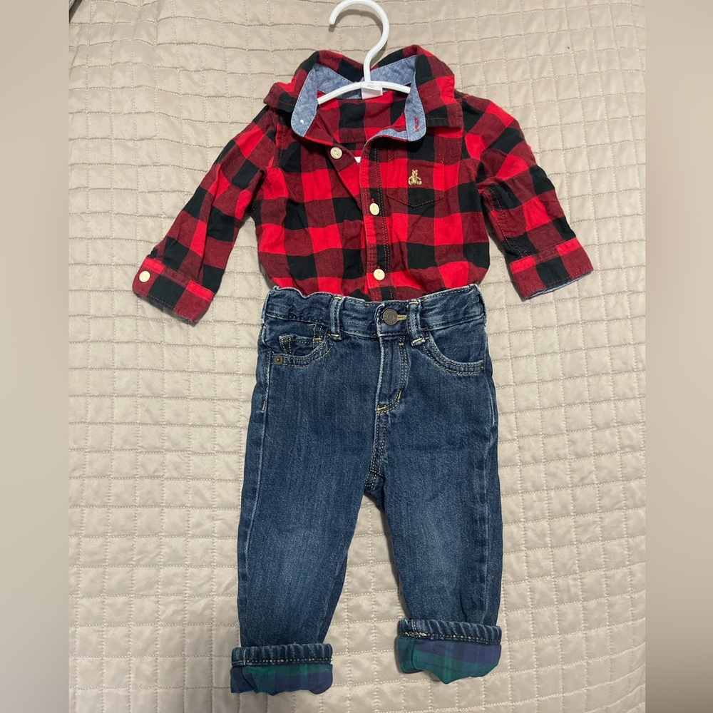 Baby GAP Red Plaid Shirt and Denim Jeans Set
